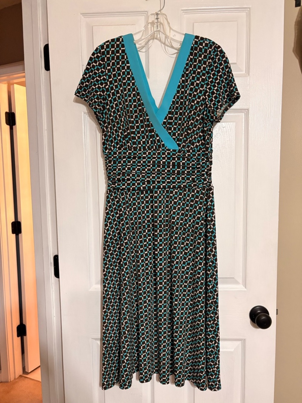 Sandra Darren Black and Aqua Geometric Wrap-Style Midi Dress